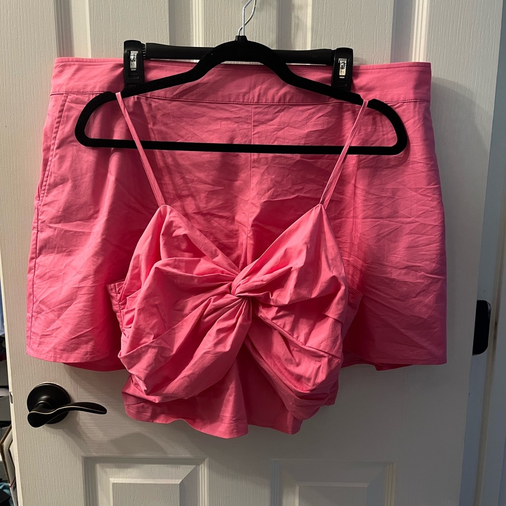 Express Bright Pink Twisted Cropped Tank Top High Waisted Shorts Two Piece Set